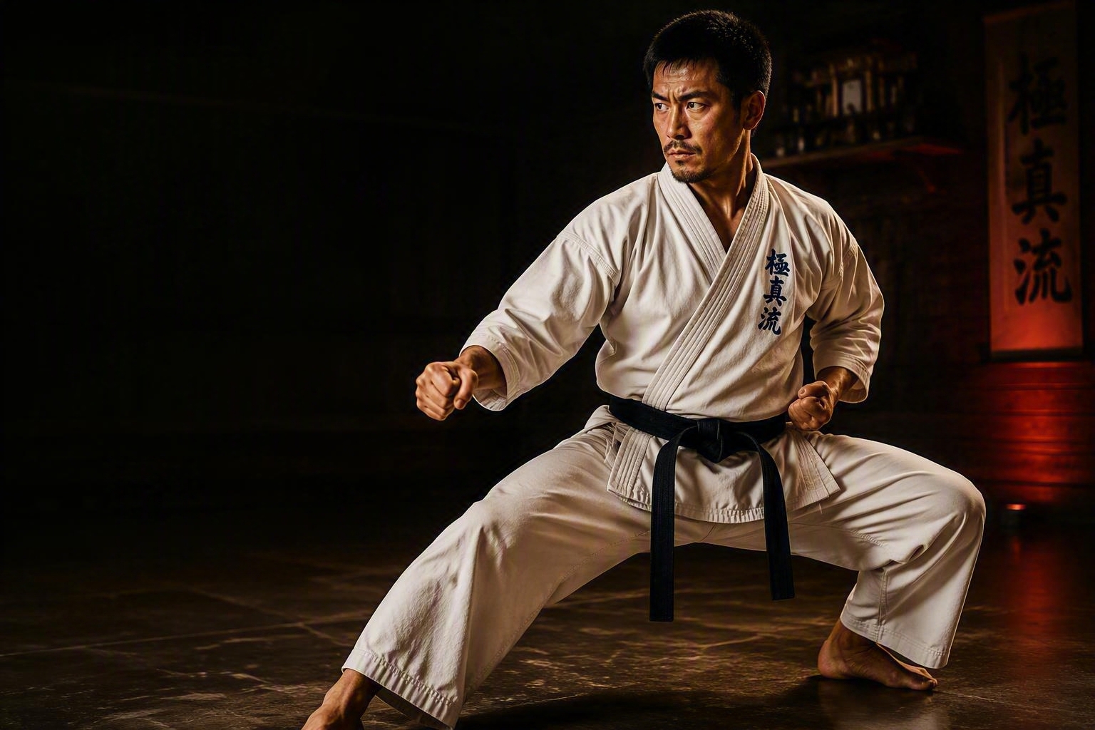 KyokushinRyu karateka in a powerful stance in a dramatic dojo