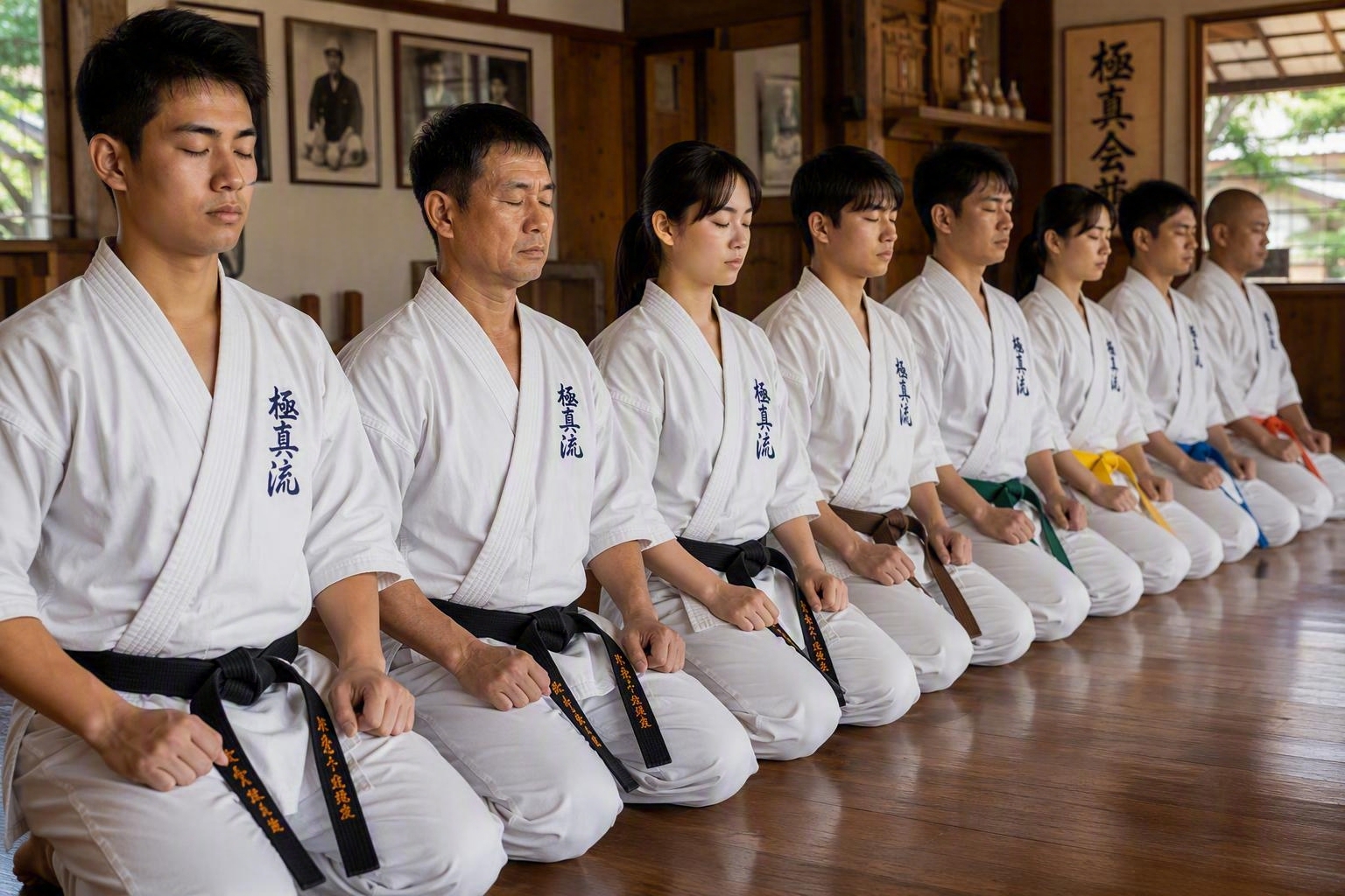 KyokushinRyu students in seiza meditation inside a traditional dojo